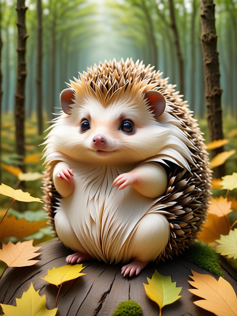  the trees, the wind, the hedgehog rolls, the leaves fly, a small, round hedgehog, a brown peg on its back, and the timidness revealed in its eyes. it likes to convulse into balls photo realistic, highly intricate and detailed, masterpiece, ultra high res,photography,8k resolution