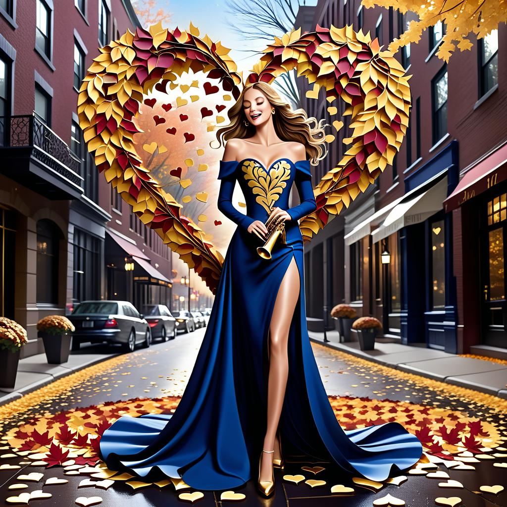  luxury product style on a carpet of yellow leaves in a simple dress of wind given crepe autumn danced a waltz boston in an alleyway. the warm day flew away and the saxophone sang hoarsely. (background of the card): falling autumn leaves, a whirlwind of autumn leaves, wind saxophone, ((a box of chocolates, the inscription "autumn waltz")) , a greeting card. (heart), a beautiful figure made of contours in the shape of a heart. (heart colour): night sky background, stars, gold pattern. (style):fantasy, autumn art, autumn romance. (colours):gold, green gold, navy blue, red, red gold, brown gold, silver, golden blue, bluish blue, dark blue on gold . elegant, sophisticated, high end, luxurious, professional, highly detailed