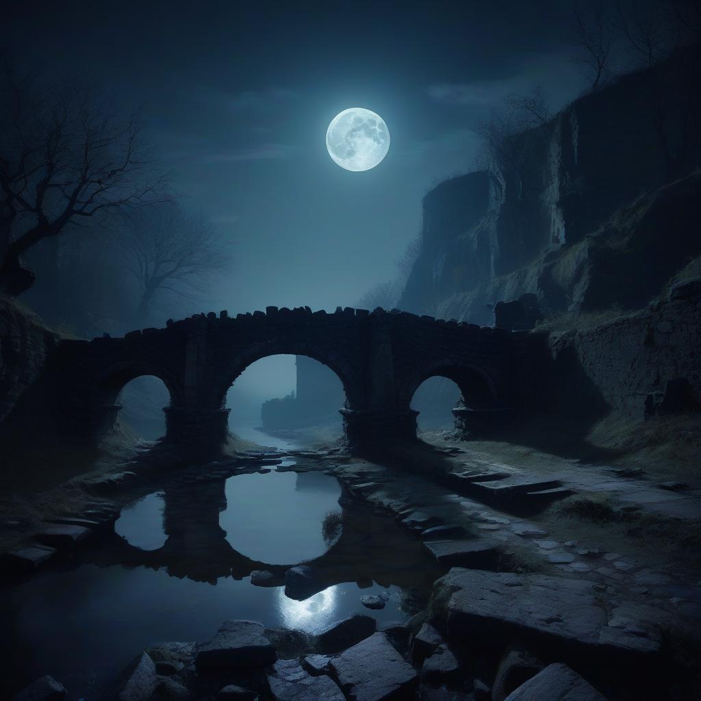  night. the ruins of an ancient stone bridge illuminated by an eerie moonlight.