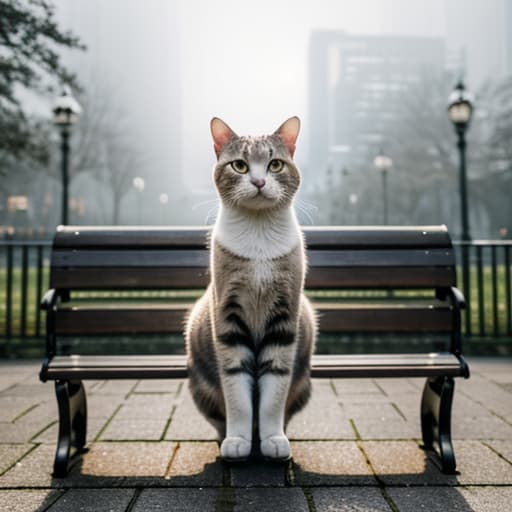  a cat sitting on a bench hyperrealistic, full body, detailed clothing, highly detailed, cinematic lighting, stunningly beautiful, intricate, sharp focus, f/1. 8, 85mm, (centered image composition), (professionally color graded), ((bright soft diffused light)), volumetric fog, trending on instagram, trending on tumblr, HDR 4K, 8K