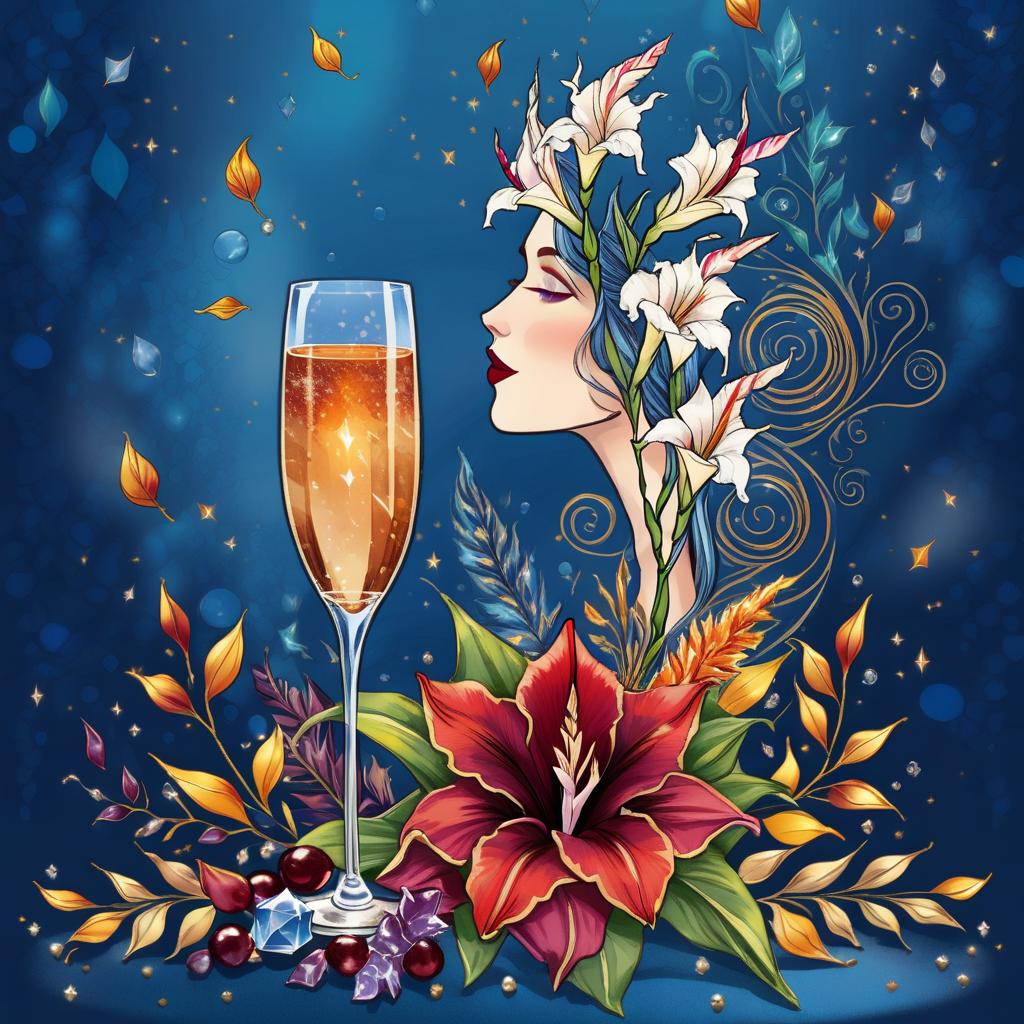  ethereal fantasy concept art of (crystal tall glass):champagne with ice cubes and chocolate. (birthday greeting card) card design: bluish blue background with ((decorated with fine fractal glitter, bright leaves, ink sketch lines on blue background, outlines, falling autumn leaves, silver swirls, autumn leaves, elegant, thin, ((profile of a woman's face, in the style of autumn art fantasy 1,7)) . (in the centre of the card is a bouquet with white gladioluses inscribed (("for you")).((bouquet of burgundy gladioluses surrounded by multicoloured foliage 1,2)) (colour of the bouquet): burgundy red with orange border. (foliage colour) :golden, silvery white, burgundy, green, golden green, (style):fantasy, design art, greeting cards. (style):fan