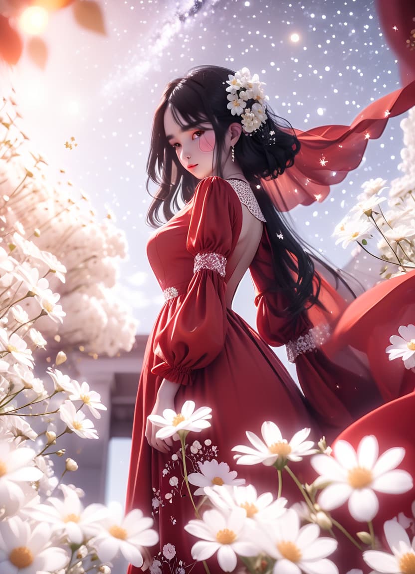  cinematic photo a girl in a red dress, in the foreground white flowers, black hair, a large bust, white sleeves with a pattern, against a starry sky. . 35mm photograph, film, bokeh, professional, 4k, highly detailed, perfecteyes, glowneon