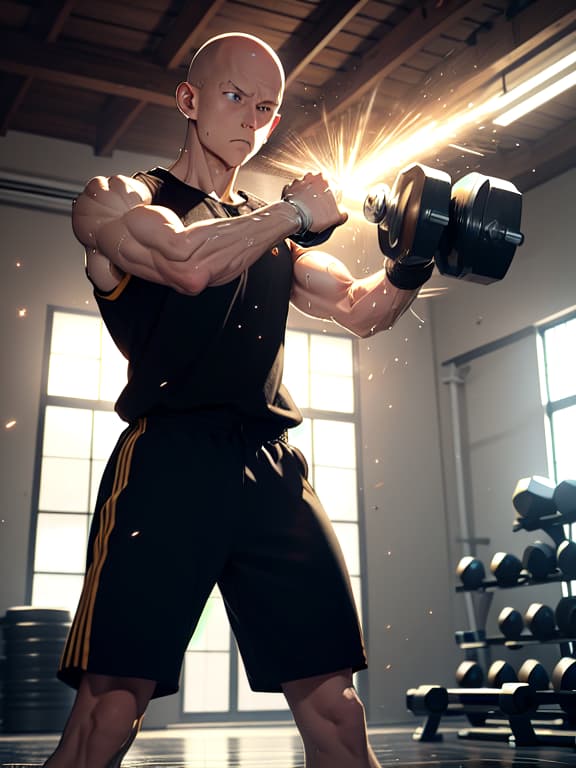  master piece, best quality, ultra detailed, highres, 4k.8k, saitama, training for battle, holding a dumbbell, sweating, focused, determined, break saitama's heroic adventure, training gym, dumbbells, weightlifting equipment, water bottle, gym mat, break intense and focused, sweat dripping, determined aura, magic particles