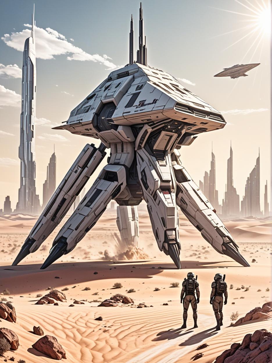  manga artwork create an image of a desert with futuristic military bases and a background energy barrier with skyscrapers holding it. manga artist. manga, highly emotional. best quality, high resolution