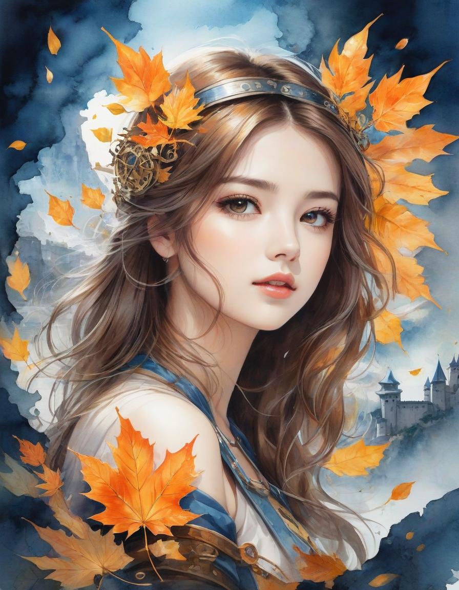  sfumato watercolor with elements of anime, steampunk and calligraphy, delicate autumn colors, gold, orange, blue, double exposure, profile of a cute autumn girl in maple leaves against the background of a fortress in the mountains by the sea, fusion and disintegration, fusion of textures, symbiosis of jewels and ruins, dark fantasy, dark botanical, surrealism, filigree drawing of small details