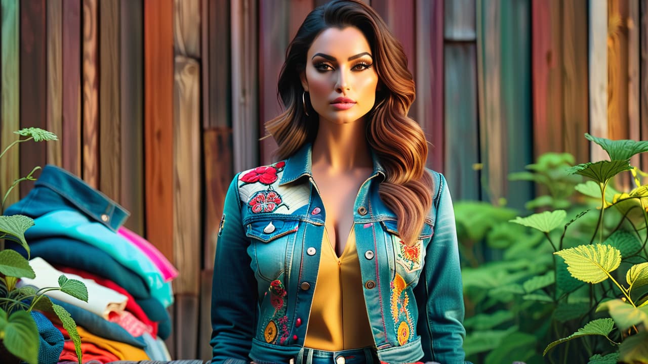  a vibrant display of creatively upcycled clothing items, showcasing a patchwork jacket, embellished denim jeans, and hand painted vintage tees, set against a rustic wooden backdrop with lush greenery in the foreground. hyperrealistic, full body, detailed clothing, highly detailed, cinematic lighting, stunningly beautiful, intricate, sharp focus, f/1. 8, 85mm, (centered image composition), (professionally color graded), ((bright soft diffused light)), volumetric fog, trending on instagram, trending on tumblr, HDR 4K, 8K