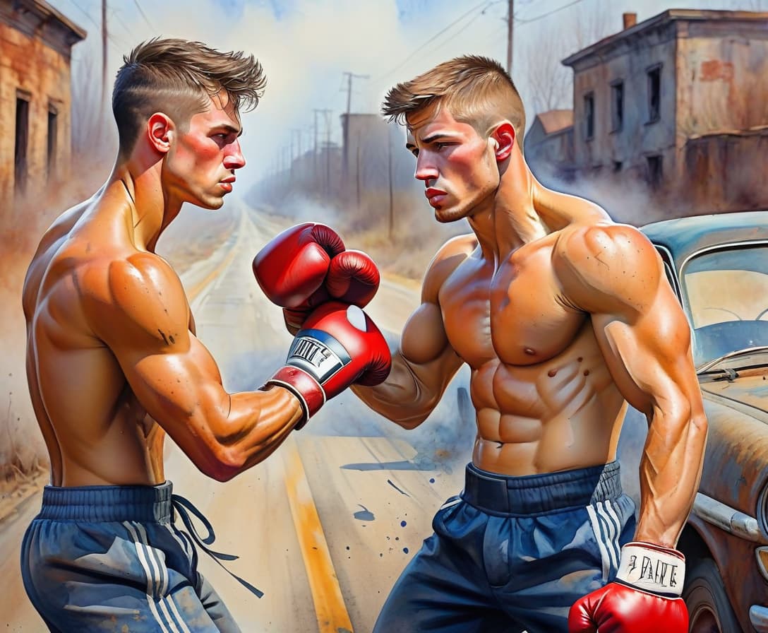  watercolor painting two bare bare young male drivers, fight in a boxing fight on an abandoned empty highway. . vibrant, beautiful, painterly, detailed, textural, artistic