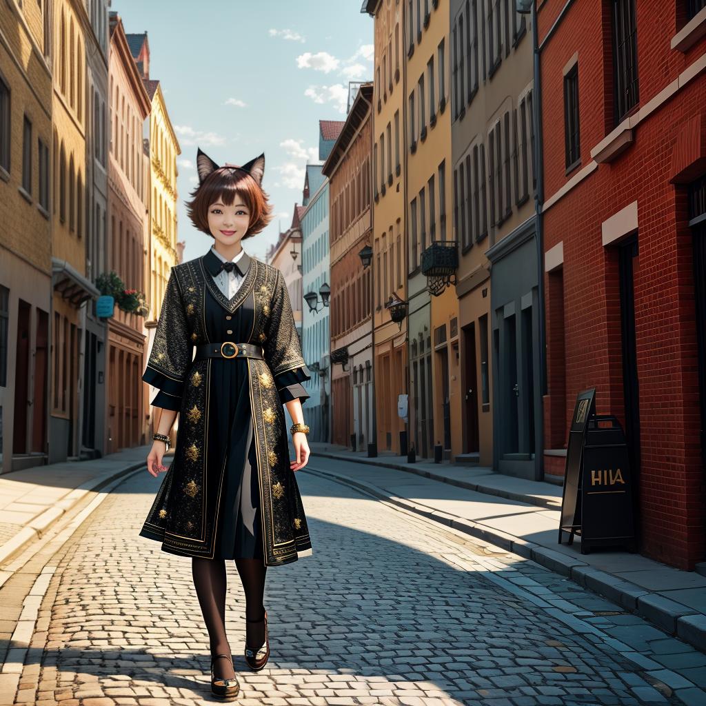  cat, raised eyebrows, cat ears, smile, walking forward with a smile, cityscape photo realistic, highly intricate and detailed, masterpiece, ultra high res,photography,8k resolution