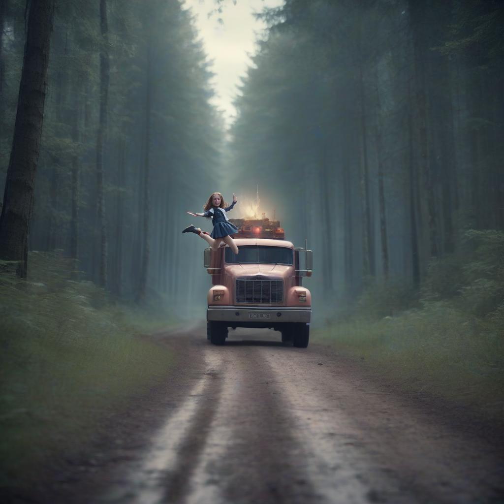  cinematic film still advertising poster of a computer game, on the left side of a dirty forest road a truck goes on the right side of a crazy giant schoolgirl flies and waving a magic wand, photorealistic, 4k . shallow depth of field, vignette, highly detailed, high budget, bokeh, cinemascope, moody, epic, gorgeous, film grain, grainy