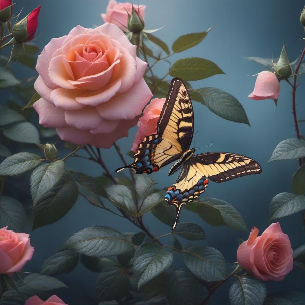  A beautiful swallowtail butterfly on a rose hyperrealistic, full body, detailed clothing, highly detailed, cinematic lighting, stunningly beautiful, intricate, sharp focus, f/1. 8, 85mm, (centered image composition), (professionally color graded), ((bright soft diffused light)), volumetric fog, trending on instagram, trending on tumblr, HDR 4K, 8K