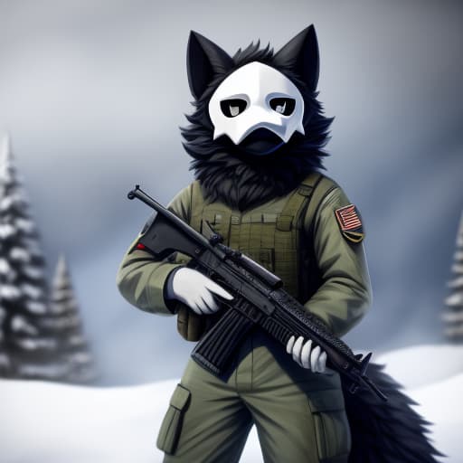  Puro, military uniform, Snow eviroment, holding a AK-47, snow eviroment, fluffy, mega fluffy tail, big tail, open eyes, digital art, masterpiece, 4k, fine details,