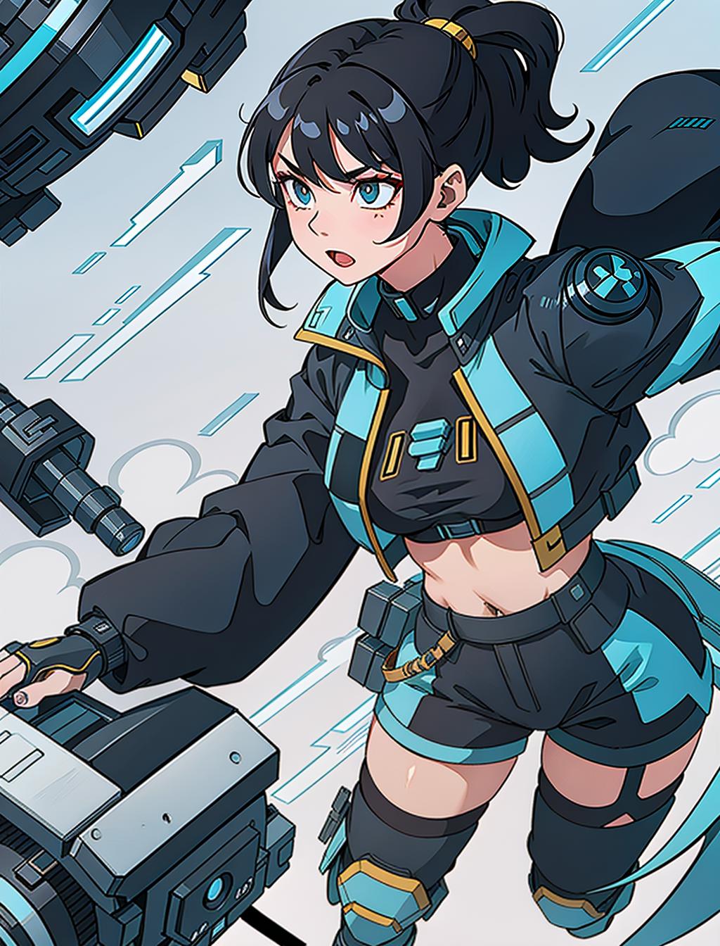  tangxin, from the chinese anime "nanocore," has a sleek and athletic appearance that reflects her action oriented role. she has long, black hair, often tied into a high ponytail, which emphasizes her sharp and confident demeanor. her outfit consists of a white and blue cropped jacket, leaving her midriff exposed, paired with form fitting, futuristic shorts that highlight her agile and combat ready physique. tangxin wears high tech black and blue boots and protective gear, including knee pads and armored gauntlets, giving her a tactical and futuristic vibe. she also carries weaponry on her, suggesting that she is proficient in combat and always prepared for action. her confident stance and serious expression indicate her strong and determine