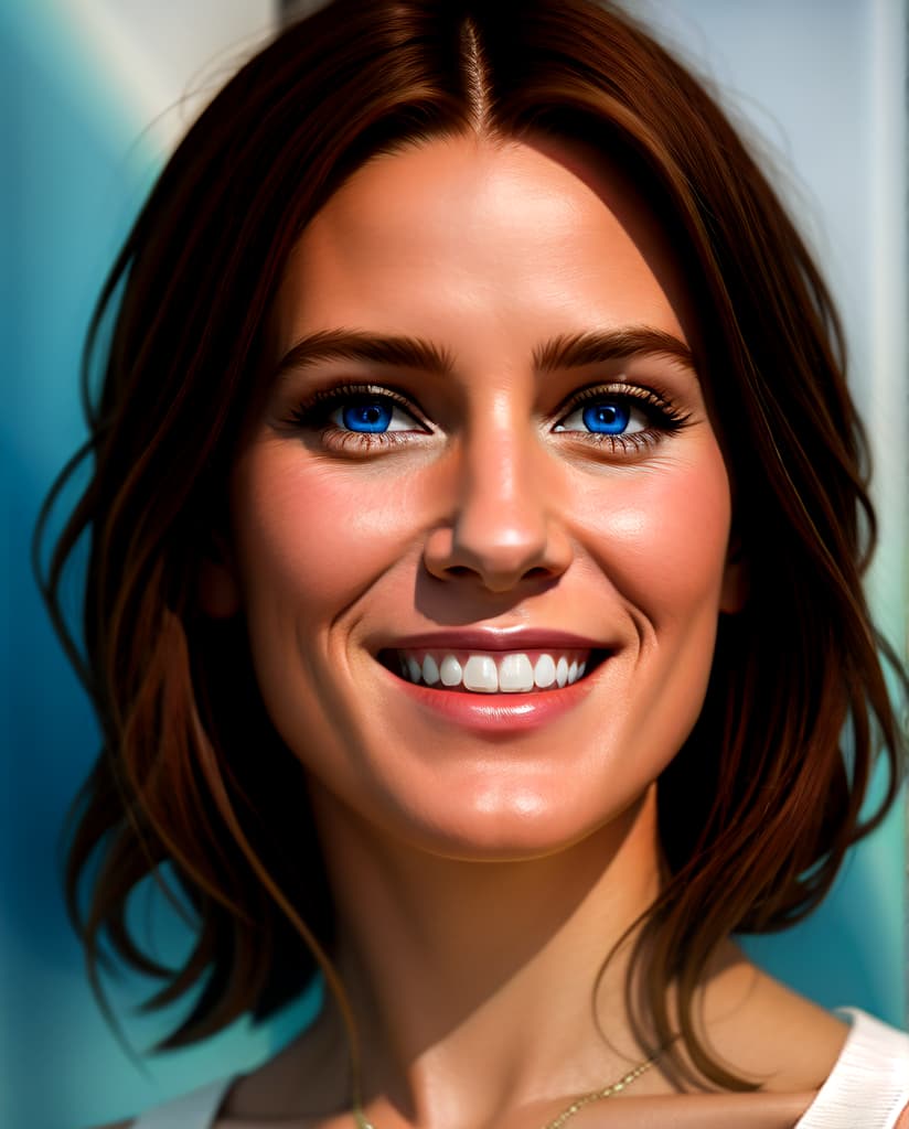  A woman in the likeness of (Scottish Woman: 0.4, Katy Perry:0.4, Julia Roberts:0.2), brown hair, blue eyes, nice smile, centered and in frame, (digital art, hyperrealistic)