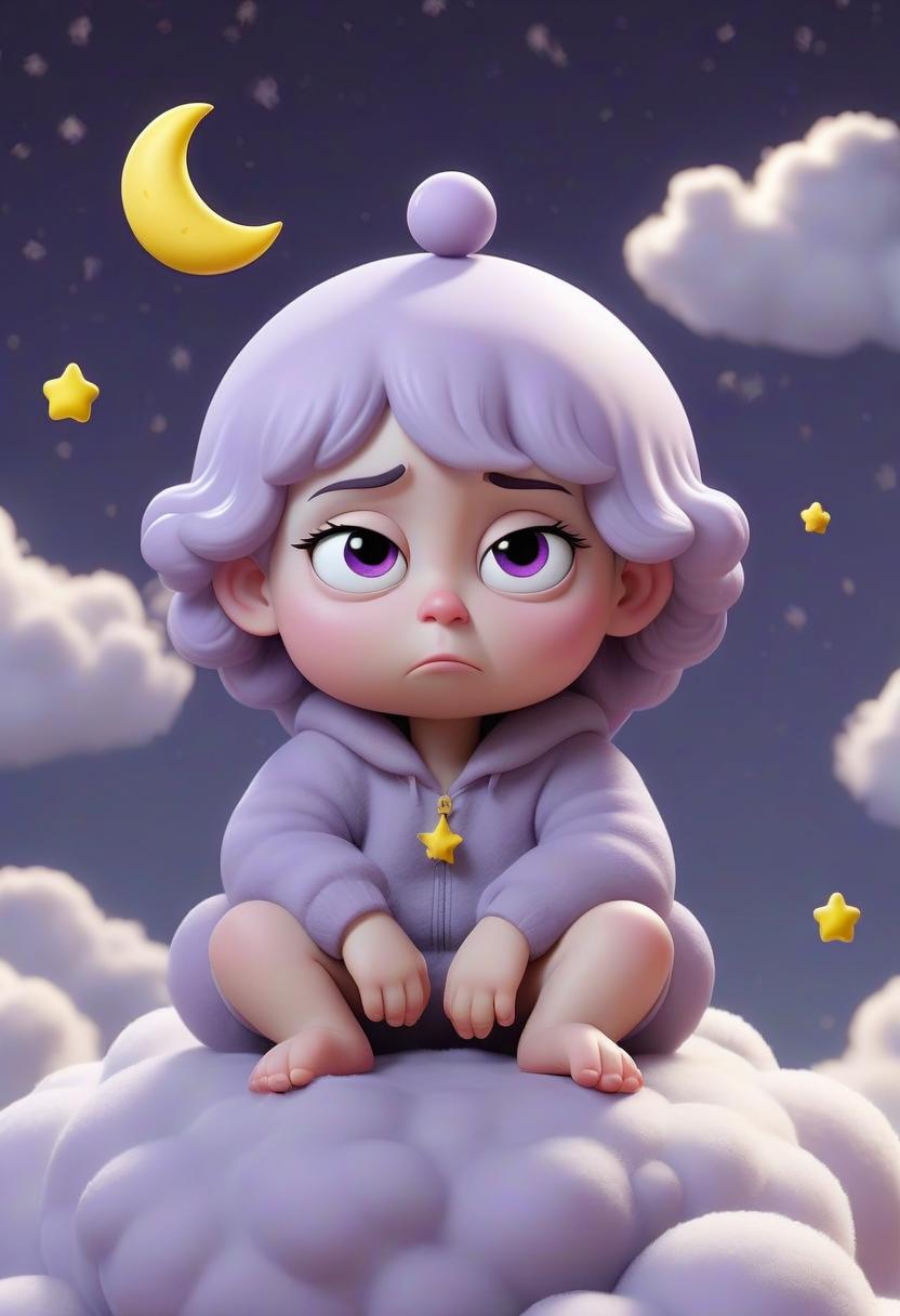  3d illustration of a pale purple droplet with a sleepy face sitting on a fluffy cloud with an expansive nighttime background and small yellow stars floating, crescent moon, modern, simple