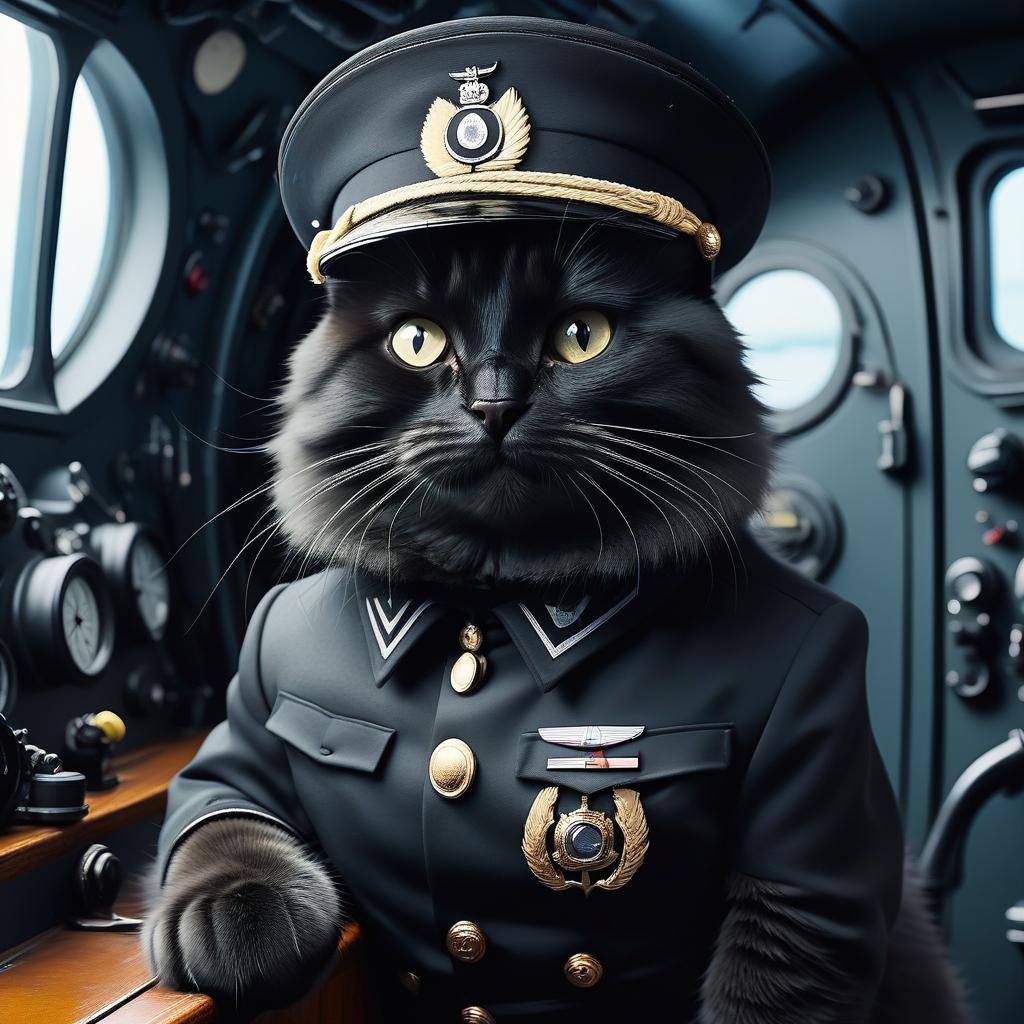  a furry black cat in the style of a german captain from the second world war, in a submarine