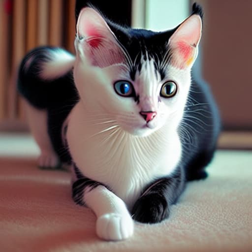  Cat white and black fur, pink nose, cute and adorable