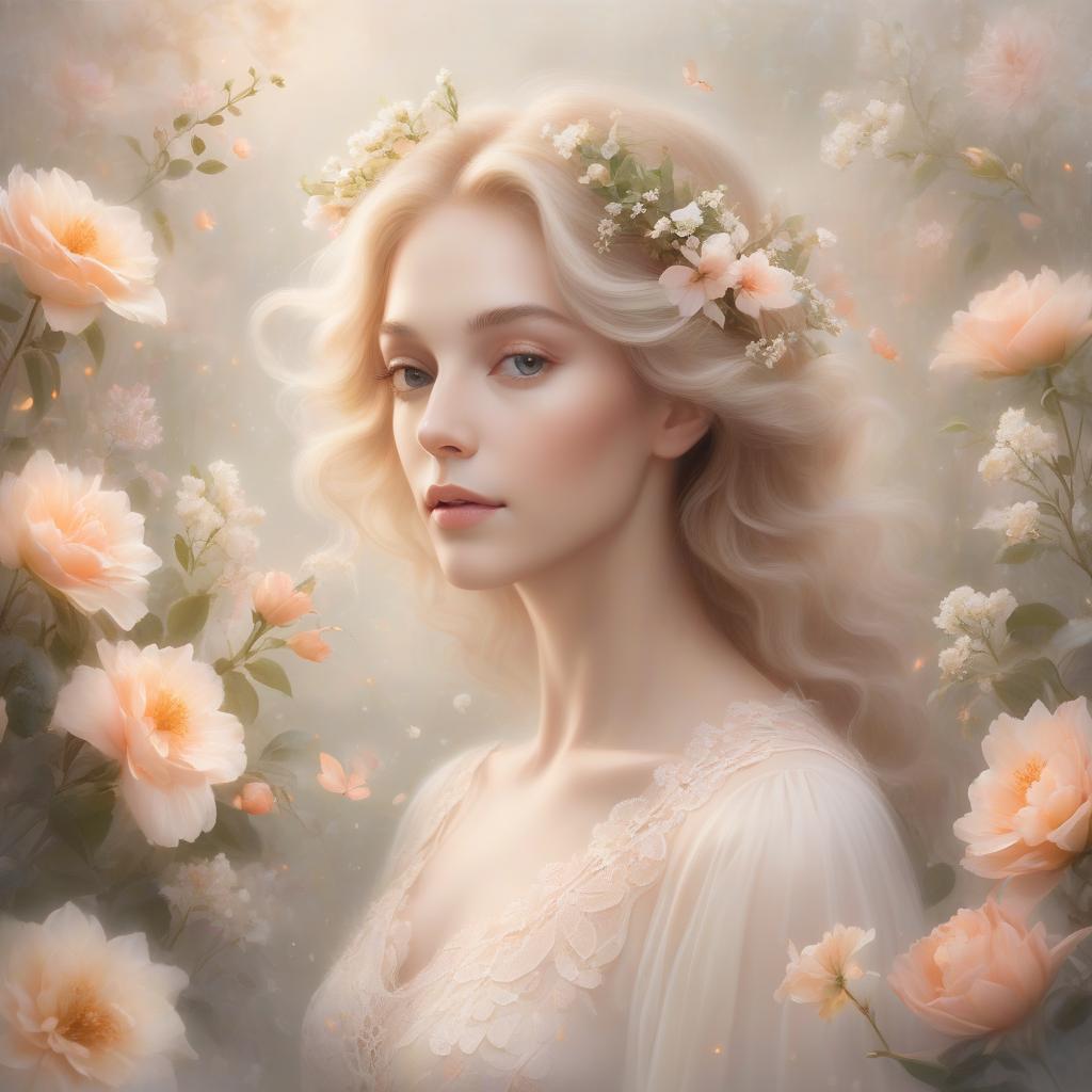  a dreamy portrait of a woman surrounded by a soft floral motif, exuding a serene, ethereal beauty. mrs. robinson, you’re trying to seduce me. aren’t you? portrait of a stunning lady in a serene magical ethereal floral arrangement with soft focus and delicate transparent petals, cream and peach colored lace, a touch of dreamy soft tones, misty background, a perfect masterpiece