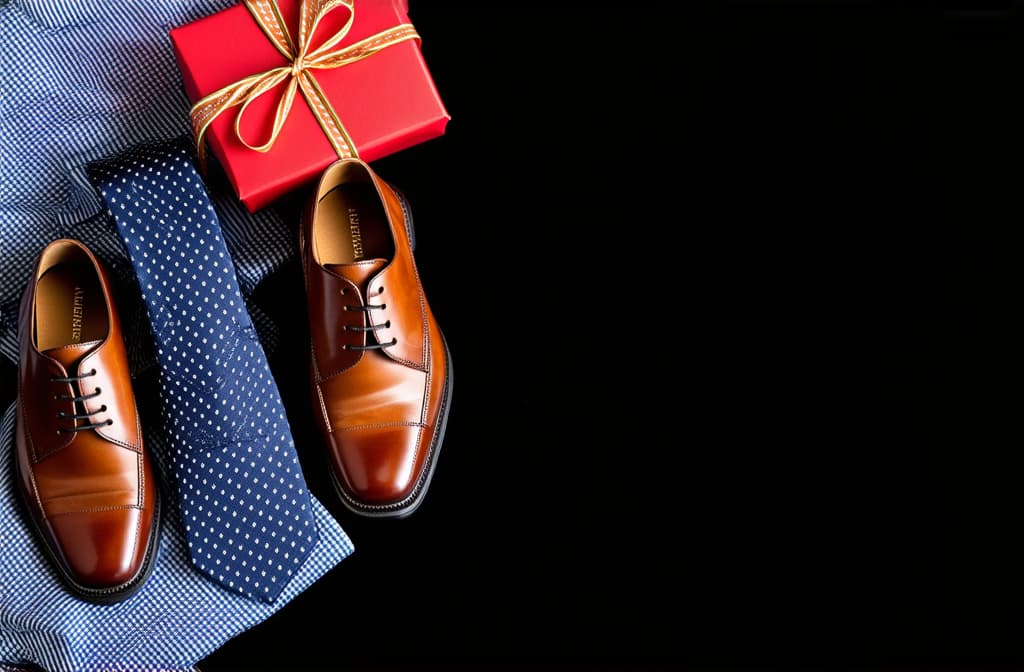  greeting card with gift for father on black background. set of classic mens clothes brown shoes, tie and gift. happy fathers day. men's accessories set. top view. copy space. ar 3:2 {prompt}, maximum details