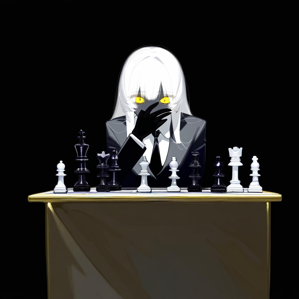  long white hair anime woman with shadows completely concealing face with the exception of evil empty white teeth smile on her face and only a hardly visible singular yellow eye, hand under chin,jet black suit, black tie, sitting in front of a table with a chess set on it, no visible facial features due to blackness covering face full of shadows on face. black all over face, no visible features, just a jet black face with a small gleam of a yellow eye and white teeth . best quality, high resolution