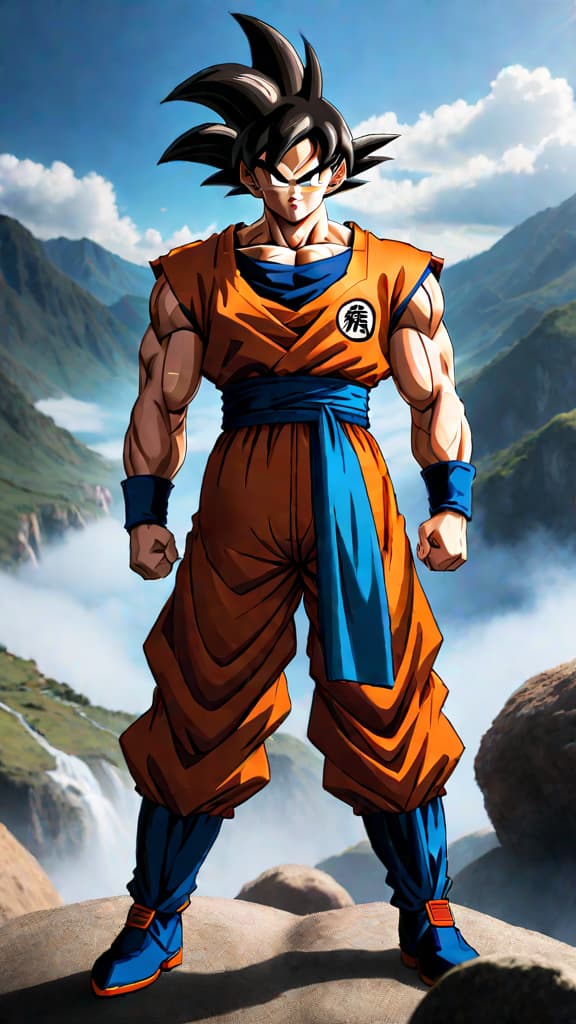  anime art: goku and z fighters face heightened stakes in a dragon ball world without the dragon balls. hyperrealistic, full body, detailed clothing, highly detailed, cinematic lighting, stunningly beautiful, intricate, sharp focus, f/1. 8, 85mm, (centered image composition), (professionally color graded), ((bright soft diffused light)), volumetric fog, trending on instagram, trending on tumblr, HDR 4K, 8K