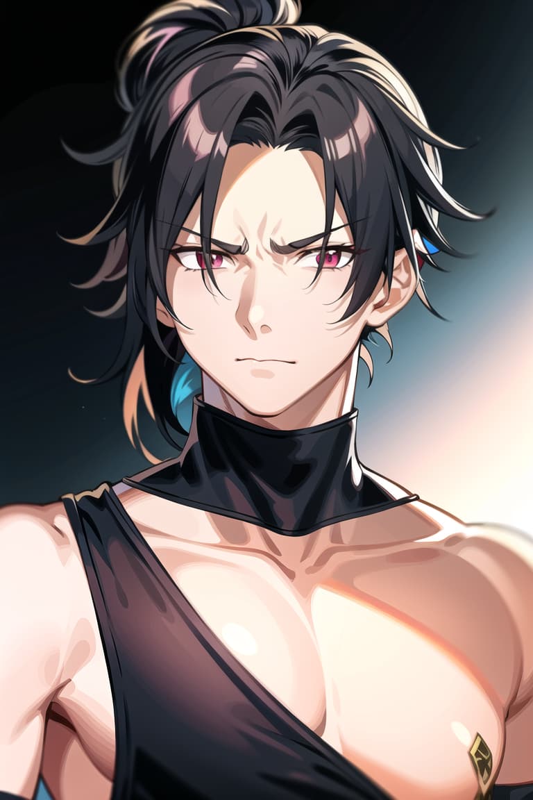  master piece , best quality,image/the character "felix" from the game fire emblem three houses.he is man. his hairstyle is a short black ponytail. he has red, slanted eyes. he has a furrowed brow, which makes him look a bit intimidating. he has his hair tied up high. he has wrinkles under his eyes.