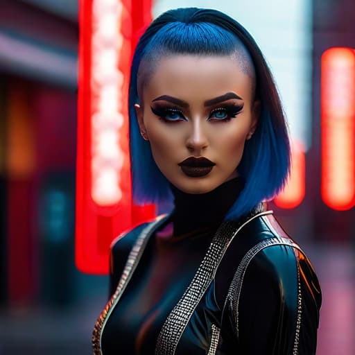  ultra realistic close up portrait ((beautiful pale cyberpunk female with heavy black eyeliner)), blue eyes, shaved side haircut, hyper detail, cinematic lighting, magic neon, dark red city, canon eos r3, nikon, f/1.4, iso 200, 1/160s, 8k, raw, unedited, symmetrical balance, in frame, 8k hyperrealistic, full body, detailed clothing, highly detailed, cinematic lighting, stunningly beautiful, intricate, sharp focus, f/1. 8, 85mm, (centered image composition), (professionally color graded), ((bright soft diffused light)), volumetric fog, trending on instagram, trending on tumblr, HDR 4K, 8K