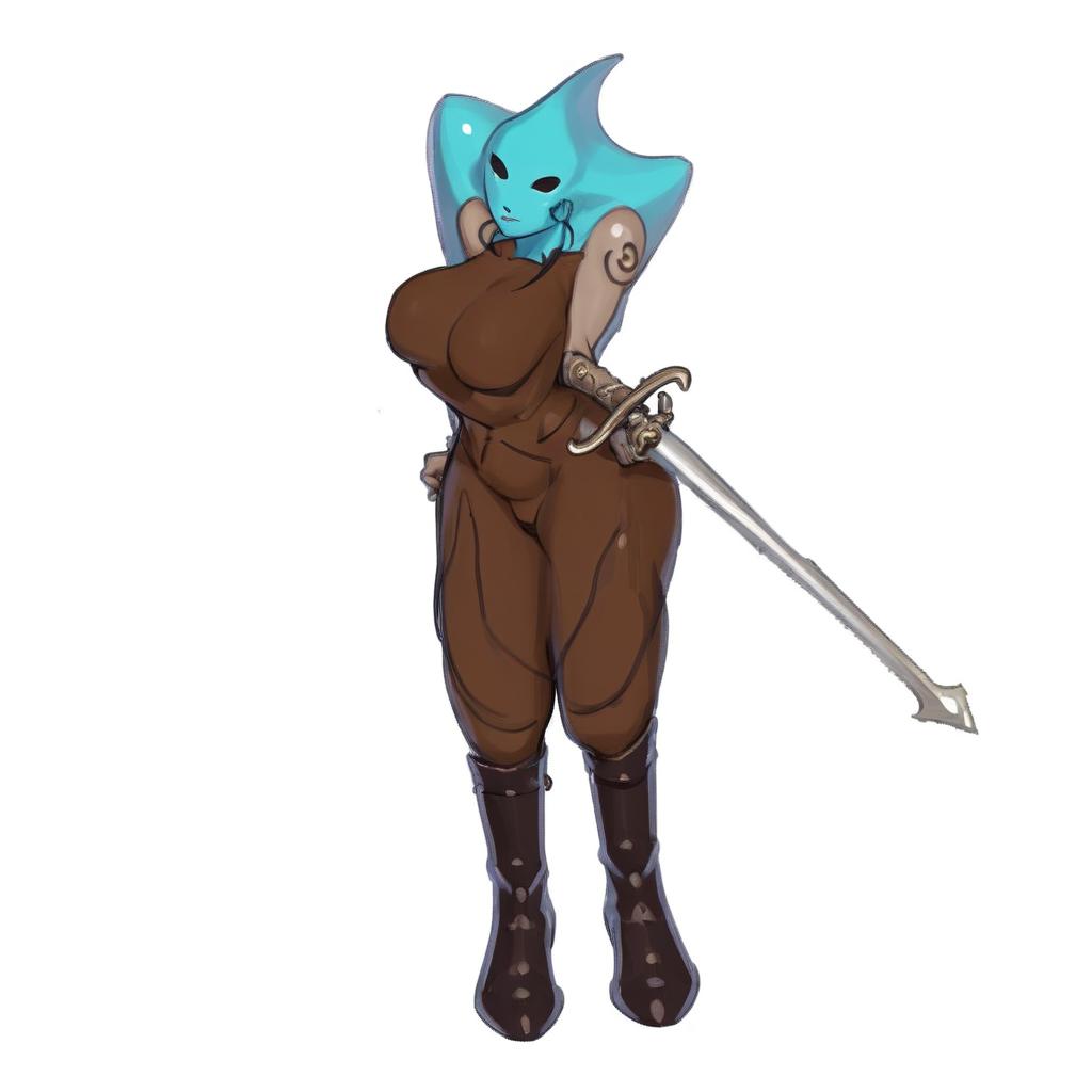  feamle, merfolk , brown eyes, blue skin, brown medival clothes , drark brown boots, rapier on side,