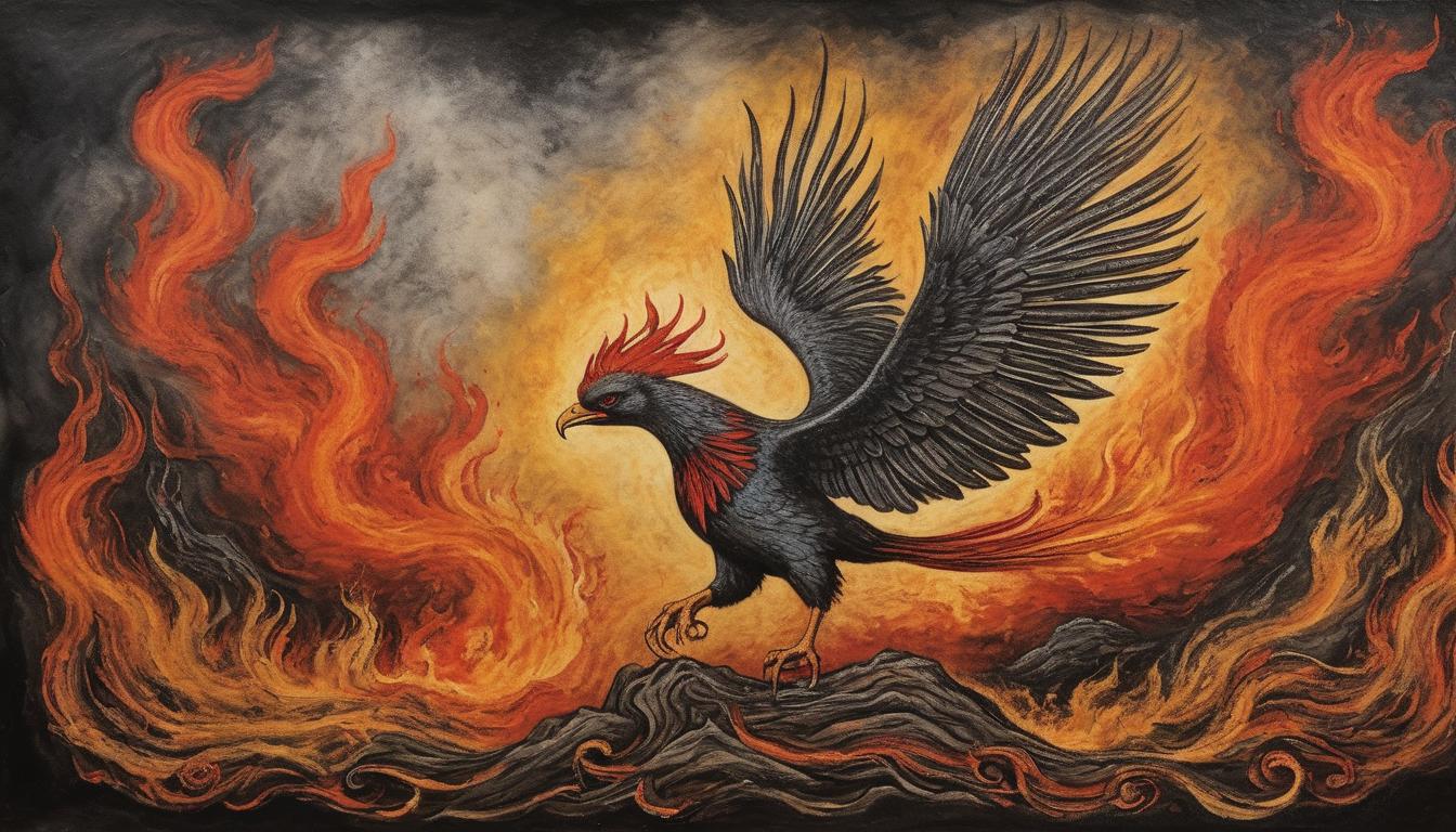  on parchment, surrealism++, phoenix rising from ashes in a dark landscape, renewal, transformation through rejection, fiery hues(mysterious, provocative, symbolic)++