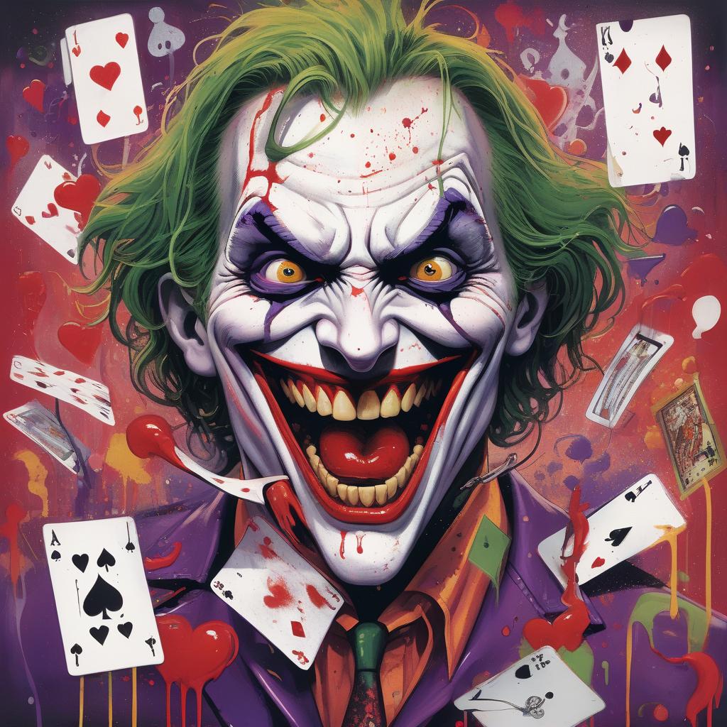  joe's card features a chaotic and symbolic drawing that reflects his insane nature: joker's face: in the center of the card close up depicts the face of the joker, but distorted. the smile is stretched to unnatural sizes, eyes of different sizes, one joyfully squinted and the other wide open, as if watching you. from the corners of the lips drains not the blood, not the paint, emphasizing his madness. play suits: around the face chaotically scattered signs of playing cards worms, tambourines, clubs and spades, but they are confused and changed. for example, the heart of the worm is pierced by cracks, clubs with spikes, and peaks resemble drops of blood. graffiti: on the edges of the card are painted bright graffiti squirts, resembling 