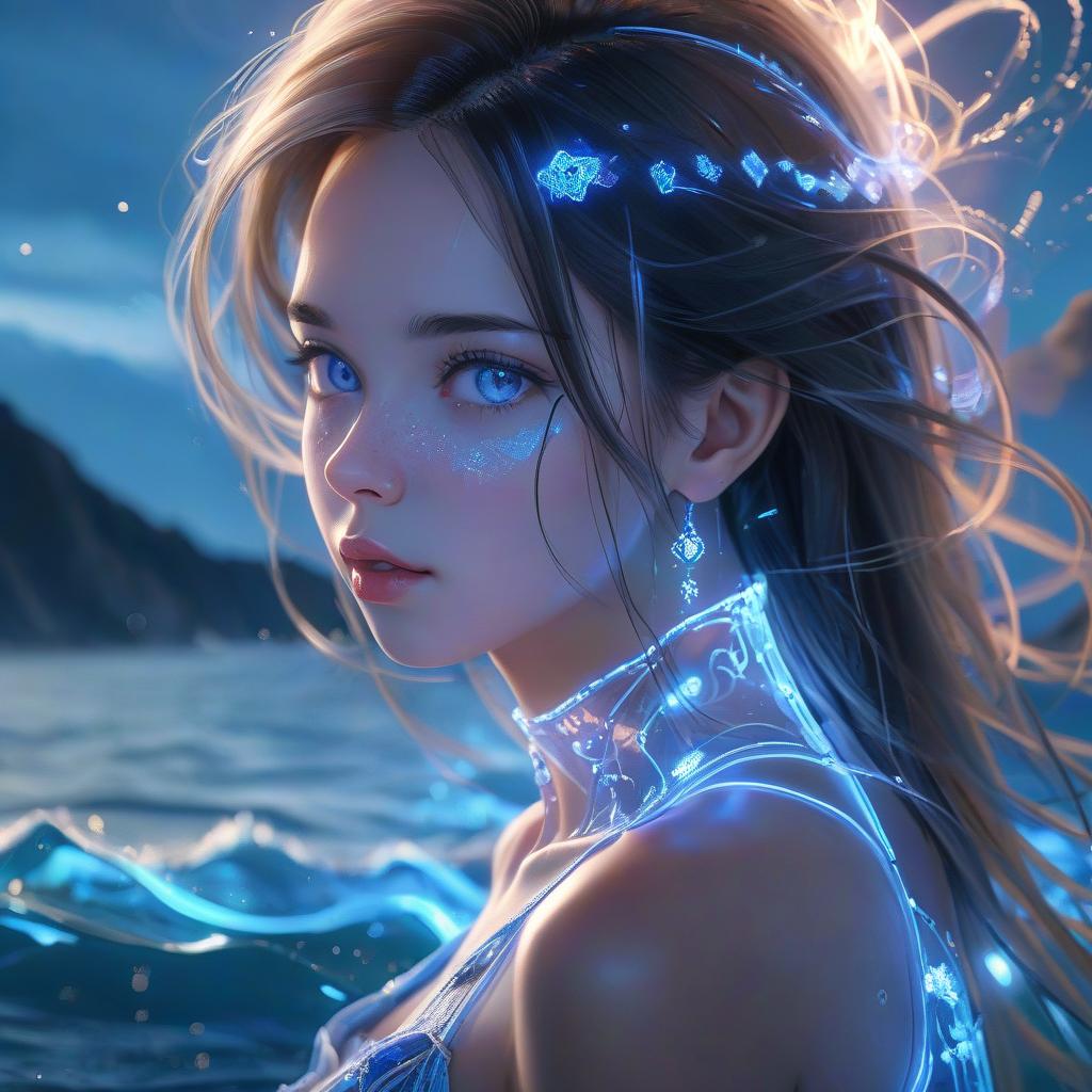  breathtaking transparent blue beautiful girl in the background of the sea . award winning, professional, highly detailed, hkmagic, glowneon