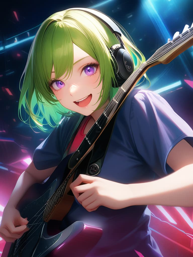  1girl,18yo,(((high school girl))),(((playing with an electric guitar:1.35))),green hair,short hair,purple eyes,headphone,very loud laugh,(((happy pose))),(((metallic focus))),music note effect,realistic