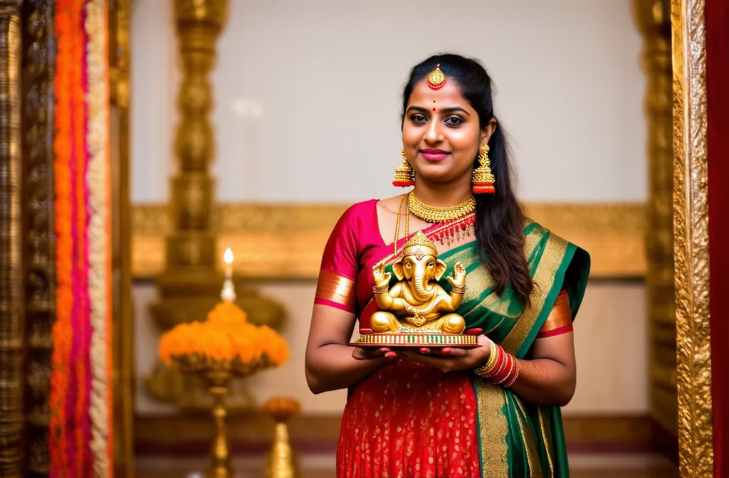  professional detailed photography, a girl in traditional indian clothes stands in a hindu temple and holds a statuette of ganesha in her hands ar 3:2, (muted colors, dim colors, soothing tones), (vsco:0.3)