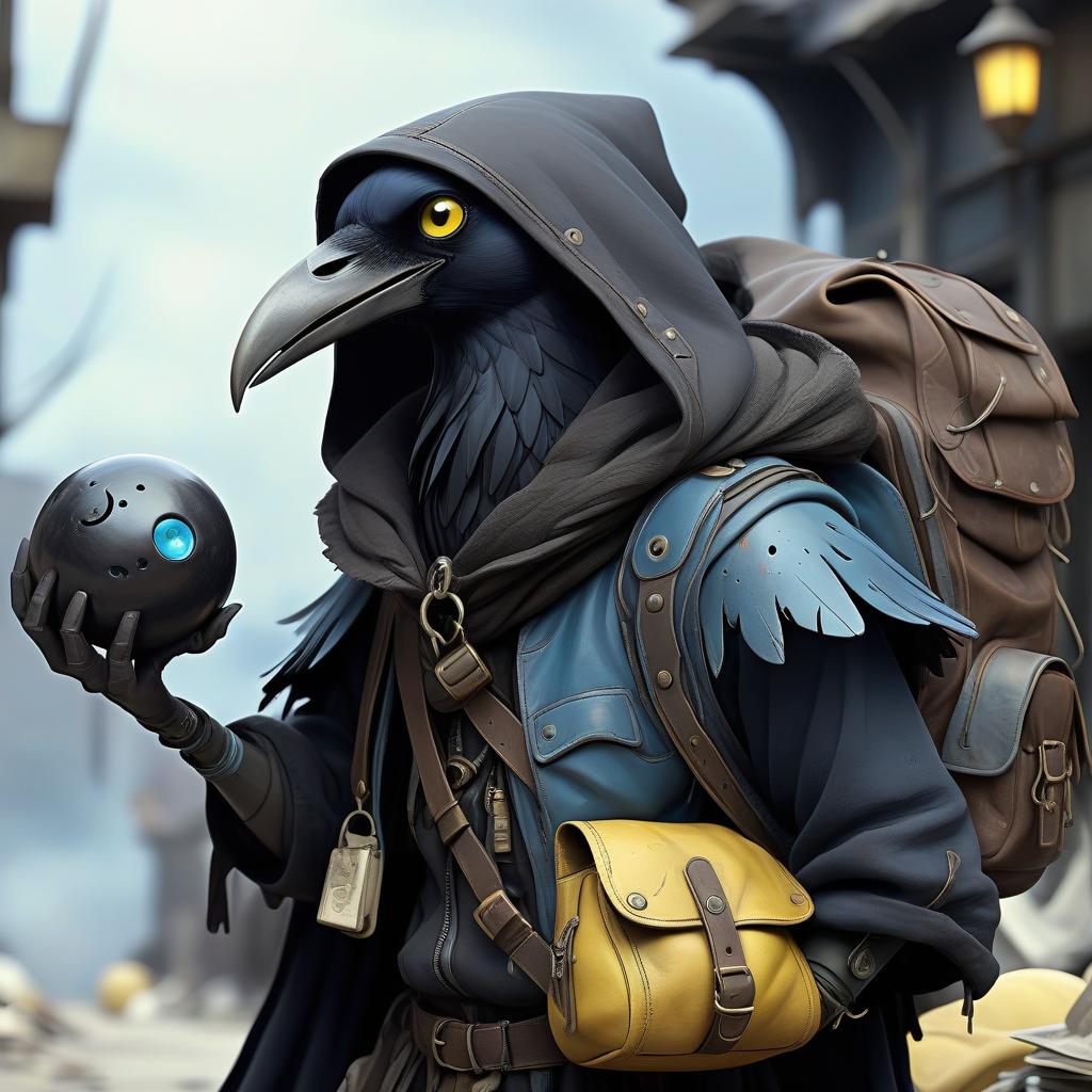  dystopian style black with blue tint avian humanoid race with raven head alchemist, cape, mischievous yellow eyes, smiling, rags and leather cloak with lots of pockets, big backpack with pockets, black bowling ball in hand . bleak, post apocalyptic, somber, dramatic, highly detailed, hkmagic, perfect hands