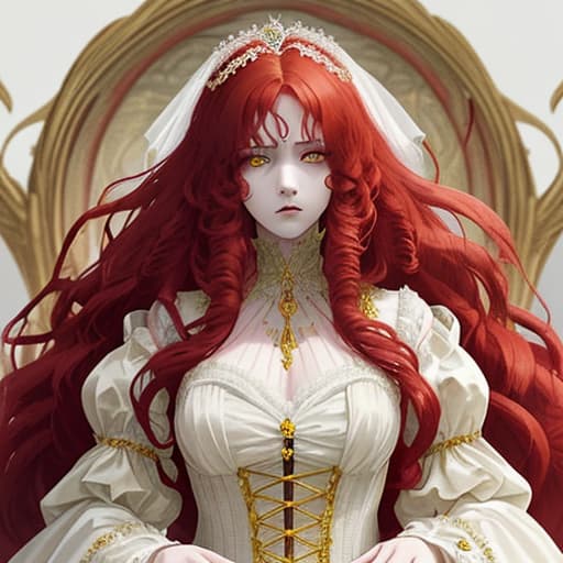  the girl has long curly red hair, yellow eyes, and is dressed in a magnificent white gown with a palace style design. she has a gloomy expression.