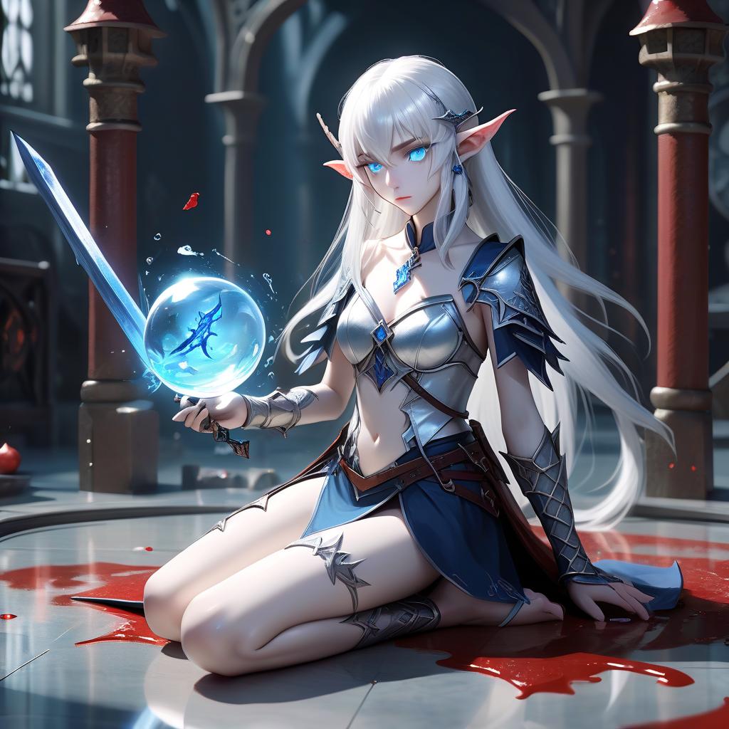   .1 (half elf, half demon), middle +++++++++, body (s) fully visible++++, middle +++++++++++(very high detail), + +,s, in one hand a bloody sword, the second hand creates a water ball spell (with magic effects), sits on the floor, white hair, middle + + +, blue eyes (luminous eyes), slim body, legs wide apart, high detail, the 's perspective is distant in full growth, the 's drawing is not changed by the style of the from the back:, hkmagic, perfect hands