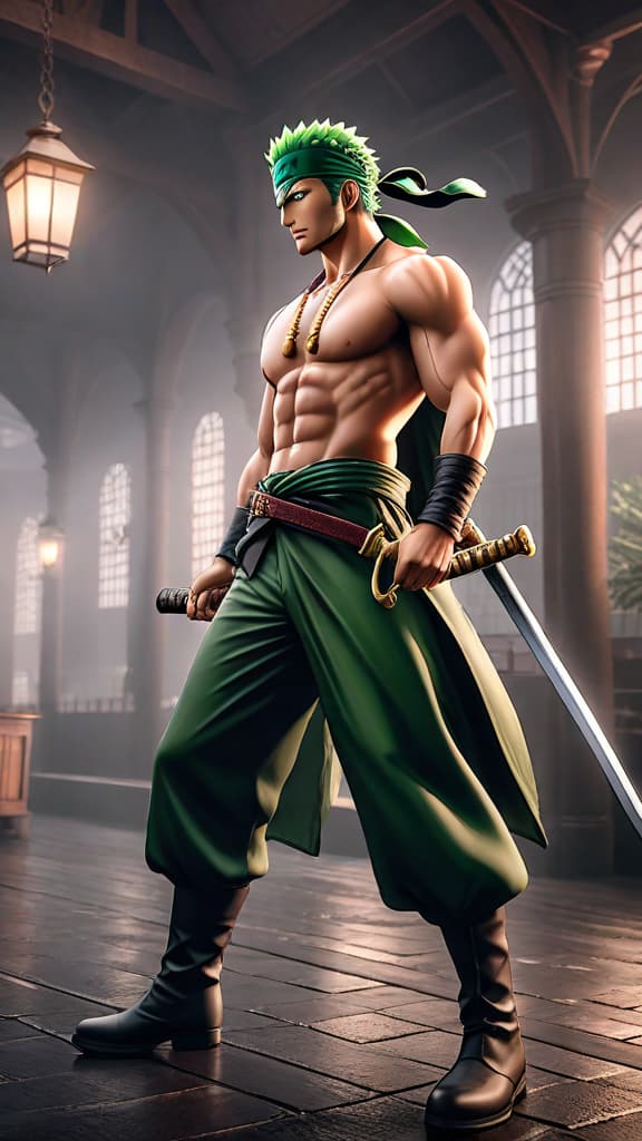  anime art: zoro from one piece trains relentlessly to surpass his master, mihawk, driven by honor and a promise. hyperrealistic, full body, detailed clothing, highly detailed, cinematic lighting, stunningly beautiful, intricate, sharp focus, f/1. 8, 85mm, (centered image composition), (professionally color graded), ((bright soft diffused light)), volumetric fog, trending on instagram, trending on tumblr, HDR 4K, 8K