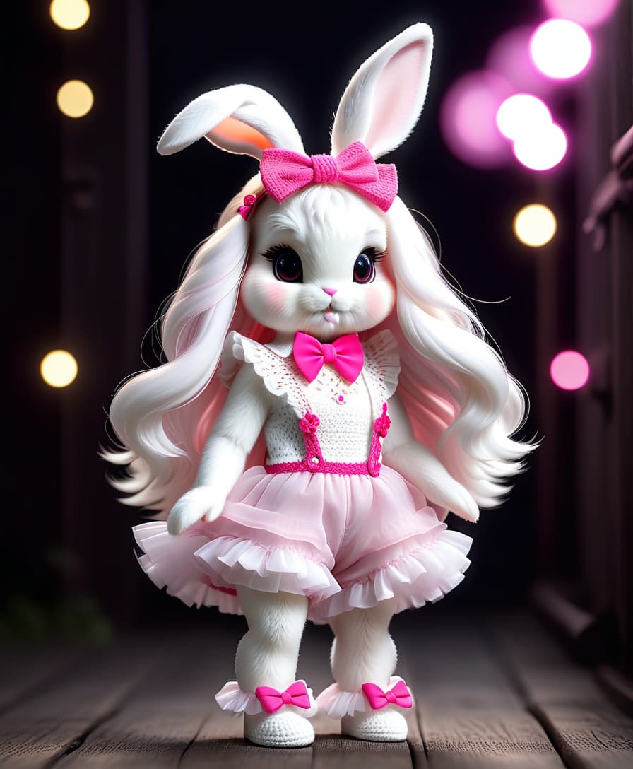  long exposure photo of a very cute white and pink fluffy bunny, cute cute, with long floppy and fluffy ears, with a fashionable elegant crochet headband with a bow, and decorations, standing on two legs, in a crocheted white and pink jumpsuit with ruffles, tulle ruffles, with draperies, with ruffled tulle, with a bow, a peplum, very detailed, dressed in beautiful crocheted shoes with a bow, flying fireflies and neon hearts, glare of light, radiance, fabulously beautiful, tenderness, love, aesthetics, professional photo, realism, high resolution, high detail , iso 100, f/2.8, 4k, 1/250 s, 30mm lens, bright light . blurred motion, streaks of light, surreal, dreamy, ghosting effect, highly detailed, sticker hyperrealistic, full body, detailed clothing, highly detailed, cinematic lighting, stunningly beautiful, intricate, sharp focus, f/1. 8, 85mm, (centered image composition), (professionally color graded), ((bright soft diffused light)), volumetric fog, trending on instagram, trending on tumblr, HDR 4K, 8K