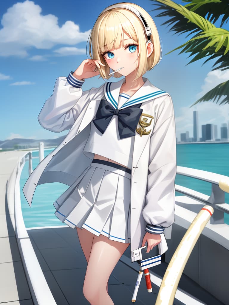  a who smokes cigarettes, white sailor uniforms, white pleated s, whole body, black loafers, blue eyes, blonde bob hair, summer sailor, souvenir jacket, snake tattoo, standing out, white, white, white. sailor suit, , red headphones, green souvenir jacket, masterpiece, best quality,8k,ultra detailed,high resolution,an extremely delicate and beautiful,hyper detail