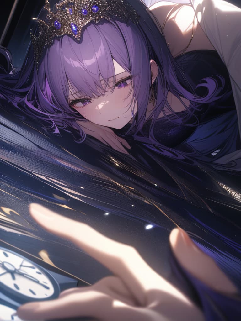  purple hair, odd eye, dark purple mermaid dress, tiara on the head, hitting the right hand on your cheeks, looking down, looking down, glittering, shear feeling, clock in the left eye, clock, masterpiece, best quality,8k,ultra detailed,high resolution,an extremely delicate and beautiful,hyper detail