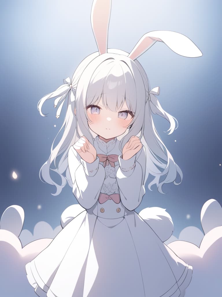  a shy bunny girl in a white outfit,standing on a stage with soft lights around her. she is slightly embarrassed,making a cute bunny ear pose with her hands beside her head,her cheeks faintly flushed. her white outfit hugs her figure with subtle details,including delicate ribbons and a soft,fluffy tail.she has no bunny ear accessories,only her hands forming the bunny ears.the background is softly lit,creating a dreamy atmosphere,while the scene is rendered in high resolution with a focus on capturing the subtle expressions of her shyness.