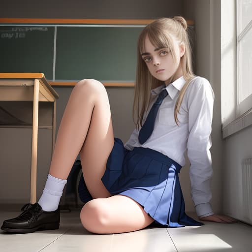  girl with cara, in school dress, sits on the floor in half turn, 4k