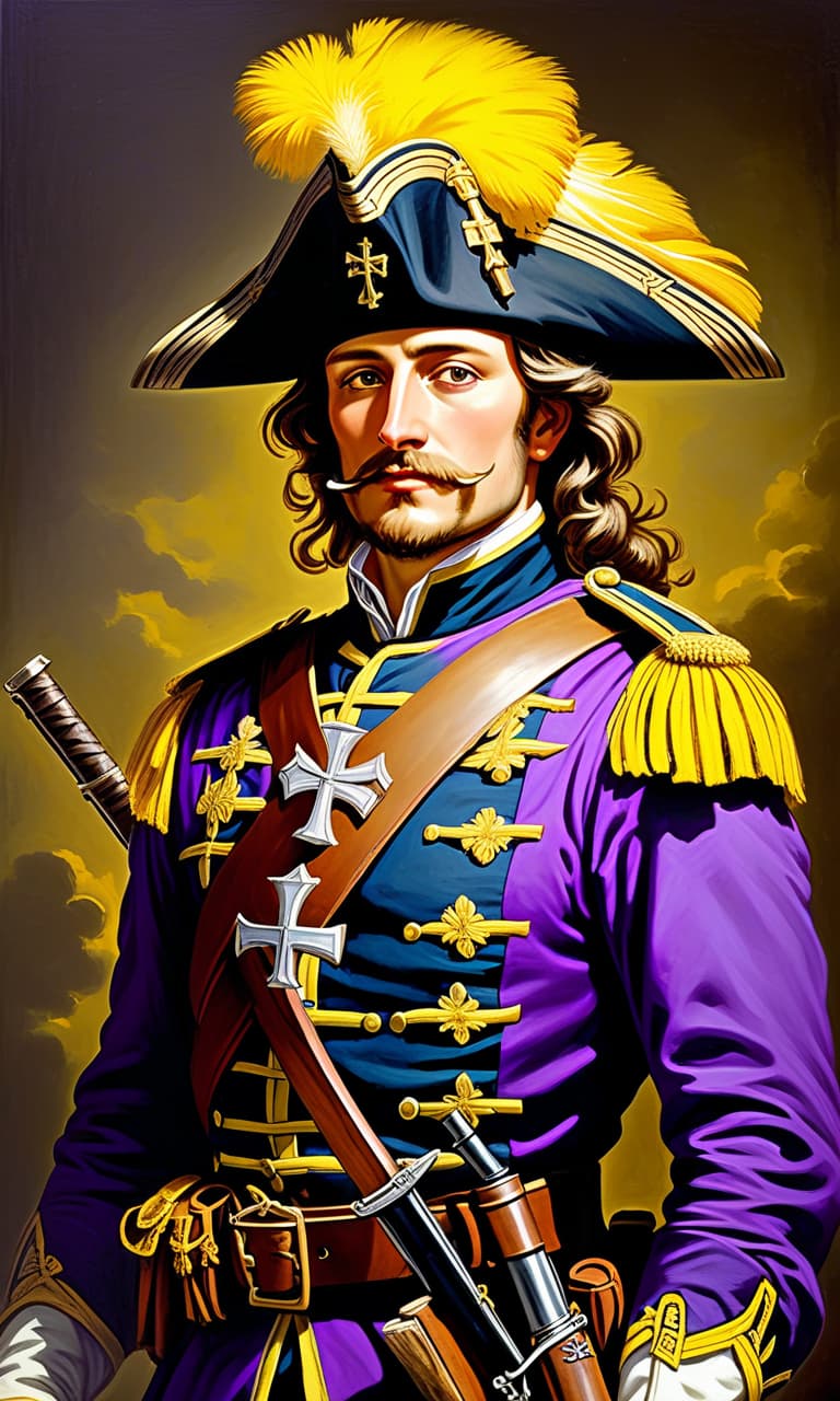  renaissance style an ancient portrait of a military musketeer from the 1880s. a purple uniform with yellow elements, a yellow german cross on the chest and a musket of a sample of 19 waka that hangs from behind on the back. style: oil drawing of the 19th century, close up portrait to the chest. . realistic, perspective, light and shadow, religious or mythological themes, highly detailed