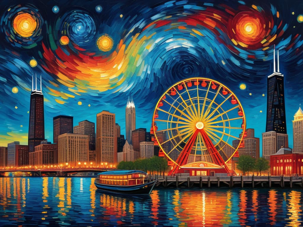  concept art chicago’s centennial ferris wheel, chicago’s navy pier, chicago skyline with prominent towers like willis, hancock, crains communication (slice building) with colorful van gogh swirls in the sky, van gogh's starry starry night with colorful red and orange swirls in the beautiful night sky, hyper realistic, chicago skyline, mesmerizing, intricate details, flambient golden and red sunrise, dramatic lighting, epic composition, wide angle, cinematic, masterpiece, high resolution, sharp details, best quality, 4k, raw photo, van gogh influence, studio lighting, impressionist, bold colors, starry sky, architectural elements, medium format lens, high angle, cityscape, city life, metropolitan, van gogh's brushstrokes, van gogh's shad