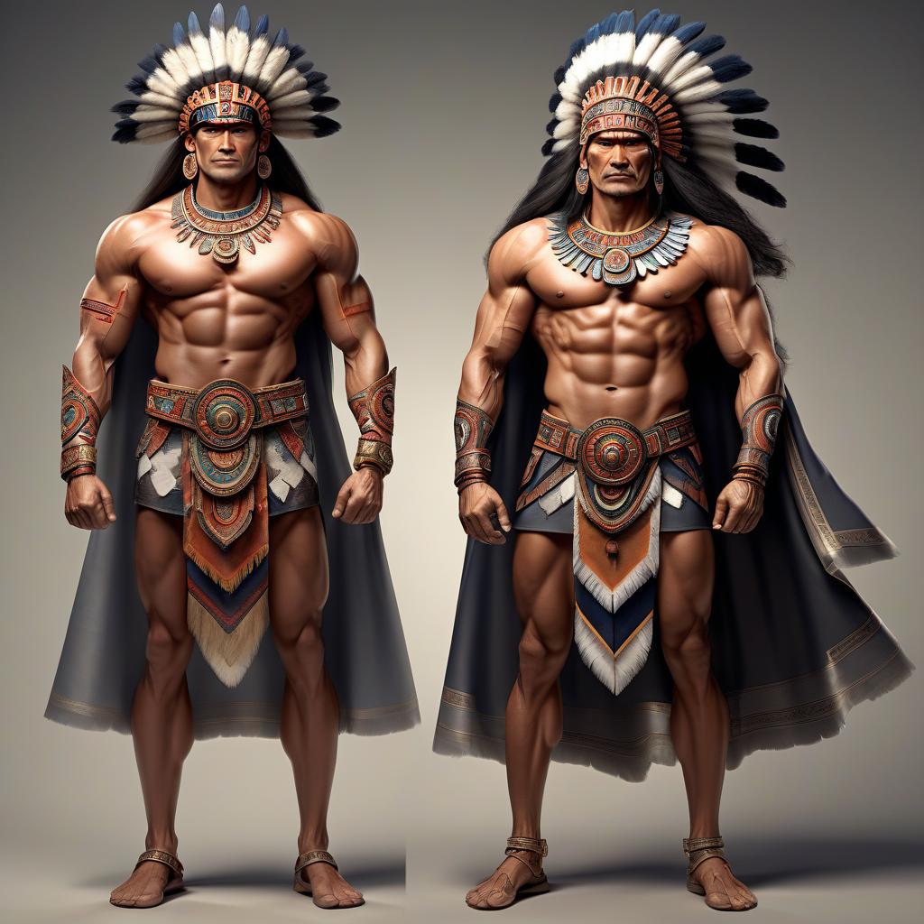  visualization of power as a person, full height, characteristic power posture, characteristic power physique, characteristic power facial expression, characteristic power hairstyle, characteristic power dress, male character, aztec style, mature age