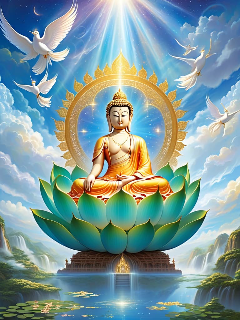  buddha seated majestically on a lotus throne in the celestial palace of the heavens. the buddha is depicted with a serene and compassionate expression, surrounded by a soft, radiant aura. he wears flowing golden robes with intricate patterns, symbolizing enlightenment and divine wisdom. the celestial palace is grand and ethereal, with towering, ornate pillars adorned with jewels and delicate carvings. the sky is filled with soft, glowing clouds and shimmering light, giving the scene a heavenly atmosphere. around the buddha, celestial beings and bodhisattvas are present, paying homage with graceful gestures, creating an aura of peace and reverence.