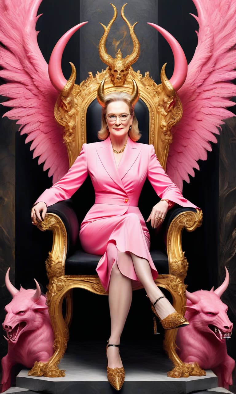  concept art pink, gold, black, white hell, near evil and demons. meryl streep with demon horns on satan's throne chic prada shoes . digital artwork, illustrative, painterly, matte painting, highly detailed, perfect hands