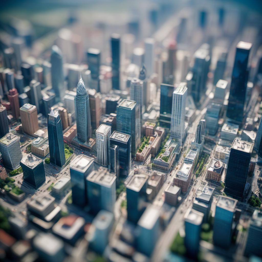  tilt shift photo of bird's eye view of the city . selective focus, miniature effect, blurred background, highly detailed, vibrant, perspective control