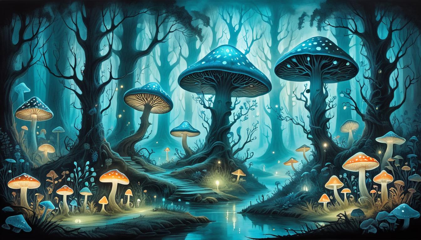  on parchment, surrealism+++, an enchanted forest with bioluminescent plants, glowing mushrooms, trees twisted into otherworldly shapes, ethereal light(mysterious, provocative, symbolic,muted color)+++