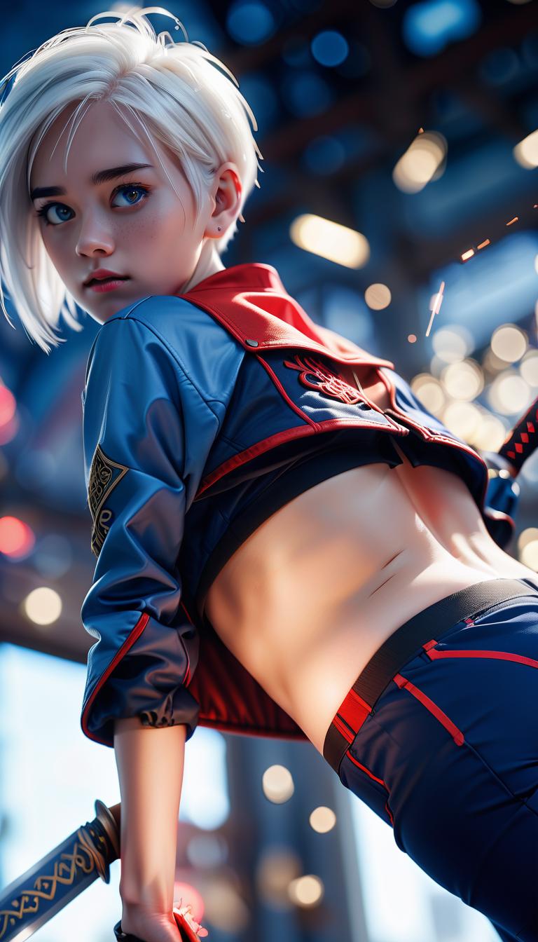  cinematic photo behind, the view from below, the girl with the sword, white hair, short hair, red top, blue jacket, black shorts. . 35mm photograph, film, bokeh, professional, 4k, highly detailed, perfecteyes, glowneon