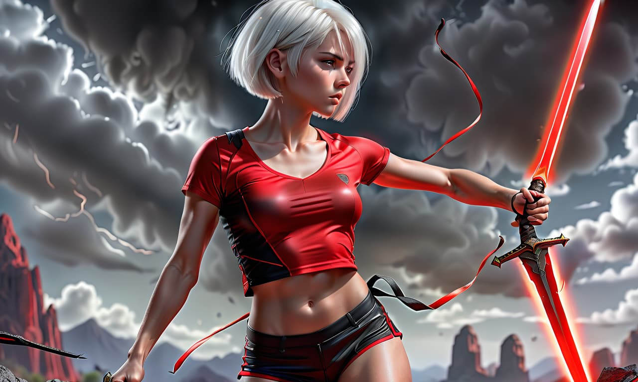  hyperrealistic art girl, behind a sword, short haircut, white hair, athletic build, red top, short black shorts. . extremely high resolution details, photographic, realism pushed to extreme, fine texture, incredibly lifelike, perfecteyes, glowneon